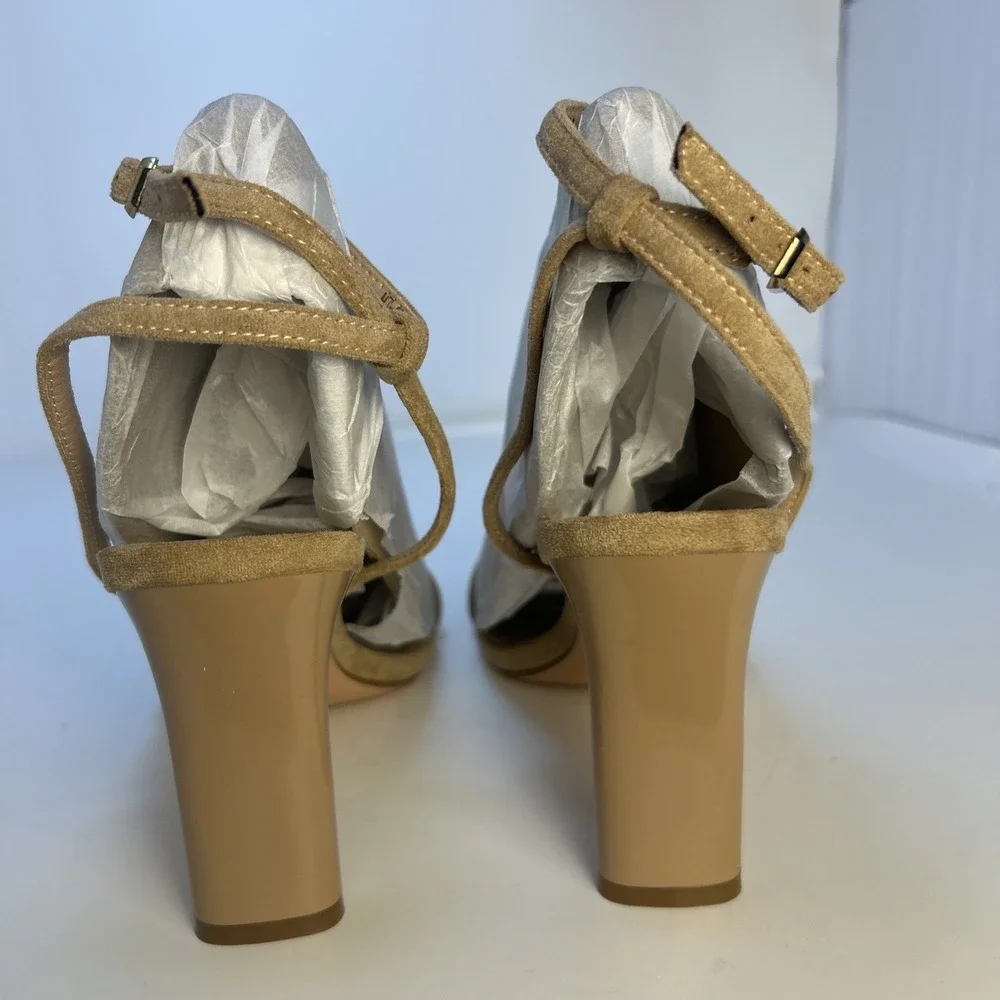 Modatope Zephira Strappy Block Heel Sandals Nude Suede Size 9.5 NIB Open Toe
